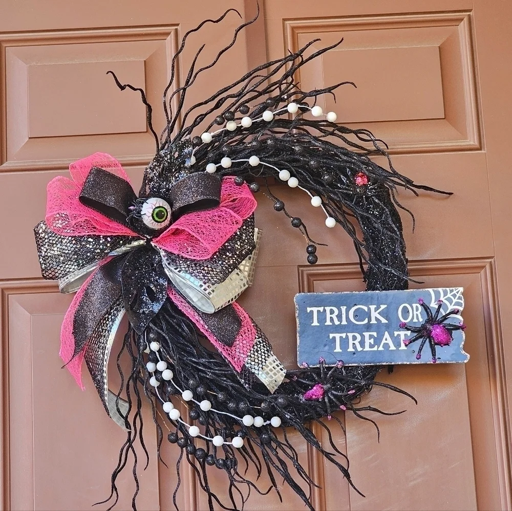 Handmade Halloween Wreath black glitter wreath frame multi ribbon bow and sign